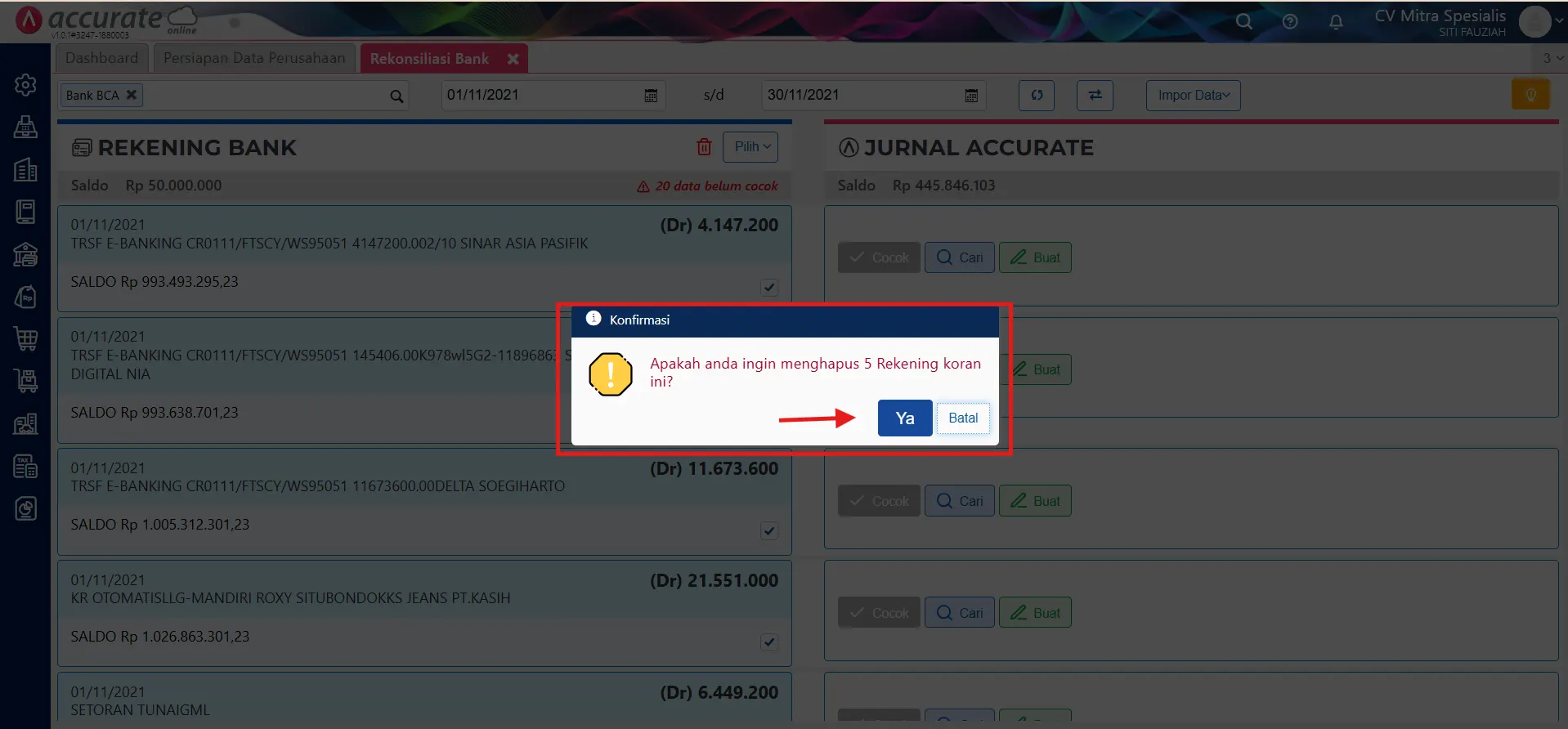 menghapus rekening koran